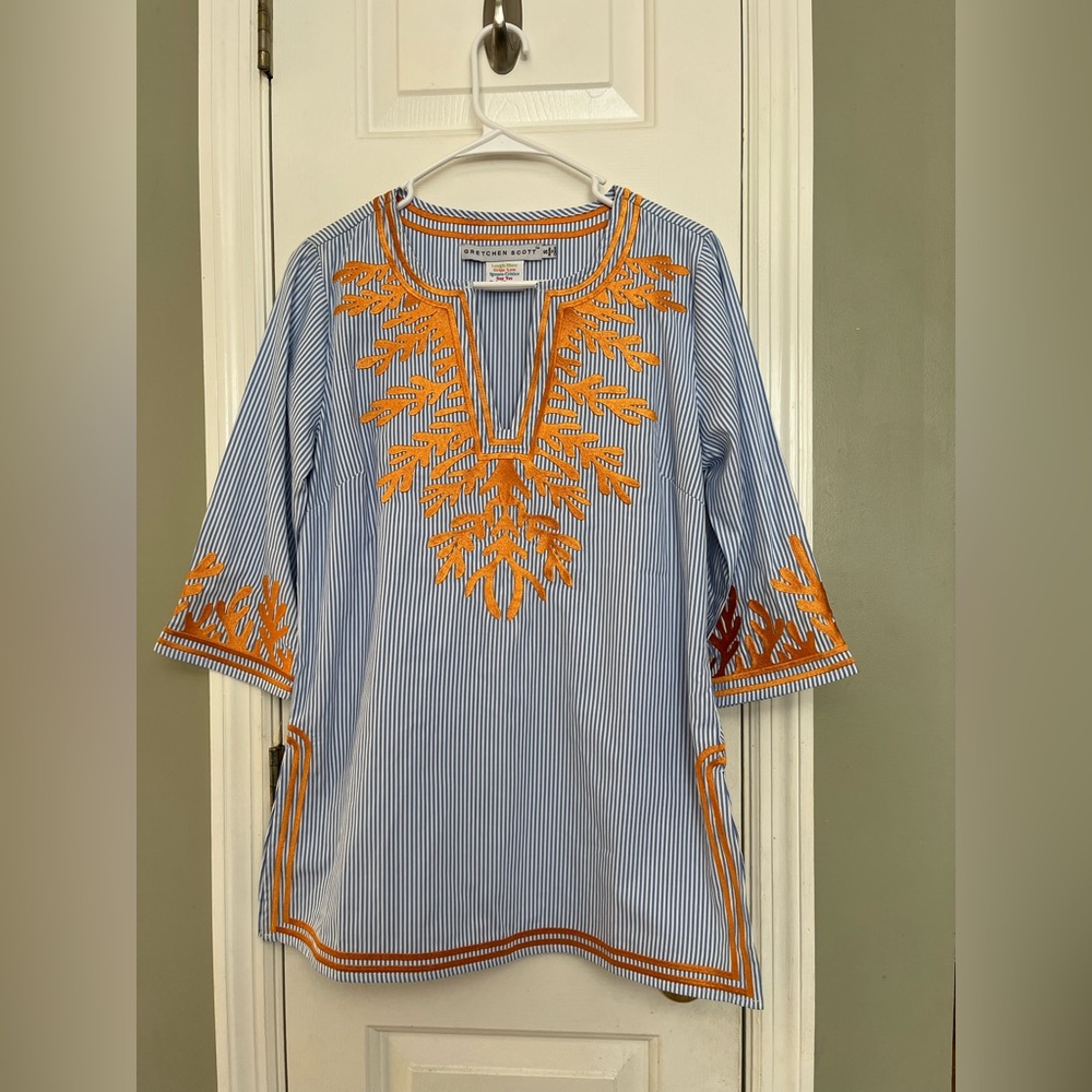 Gretchen Scott Embroidered Pinstripe Tunic The Reef in‎ Blue/ Orange S bin4